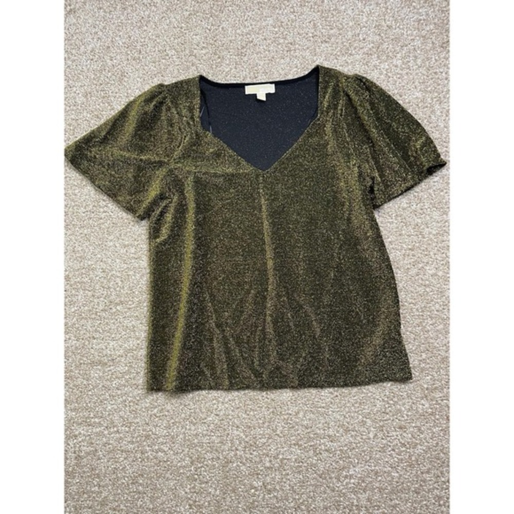 Michael Kors Womens L Glitter Sparkle Gold‎ MK Short Sleeve T Shirt V-Neck